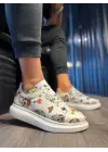 Terzi Bey Yüksek Taban Renkli Baskılı Günlük Ayakkabı 046 Beyaz Kurukafa
