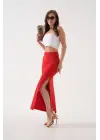 Uzun Yırtmaçlı İnce Kumaş Etek Kırmızı