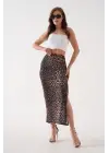 Uzun Yırtmaçlı İnce Kumaş Etek Leopar
