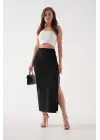 Uzun Yırtmaçlı İnce Kumaş Etek Siyah