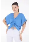 V Yaka Büzgülü Detaylı Bluz