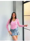 V Yaka Çizgili Bluz Pembe A3699