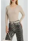 V Yaka Kaşkorse Bluz Bej A3699