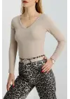 V Yaka Kaşkorse Bluz Bej A3699