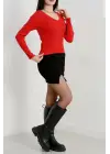 V Yaka Kaşkorse Bluz Kırmızı A3699