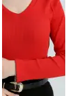 V Yaka Kaşkorse Bluz Kırmızı A3699