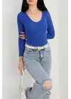 V Yaka Kaşkorse Bluz Saks Mavisi A3699