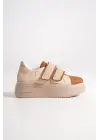Valencıa Bağcıksız Cırt Cırtlı Ortopedik Taban Kadın Sneaker Spor Ayakkabı Tt - Ten/kahve