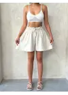 Volanlı Keten Şort Bej S255058