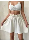 Volanlı Keten Şort Bej S255058