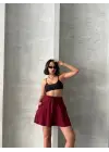 Volanlı Keten Şort Bordo S255058