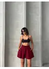 Volanlı Keten Şort Bordo S255058