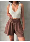 Volanlı Keten Şort Kahve S255058