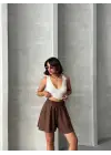 Volanlı Keten Şort Kahve S255058