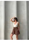 Volanlı Keten Şort Kahve S255058