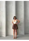 Volanlı Keten Şort Kahve S255058