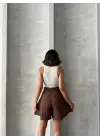Volanlı Keten Şort Kahve S255058
