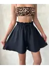 Volanlı Keten Şort Siyah S255058