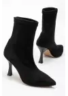 Siyah Süet Yüksek İnce Topuklu Streç Kadın Bot