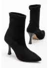 Siyah Süet Yüksek İnce Topuklu Streç Kadın Bot