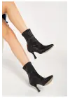 Siyah Yüksek İnce Topuklu Streç Kadın Bot