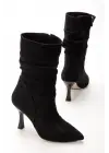 Vrt-024 Siyah Süet Yüksek İnce Topuklu Körüklü Fermuarlı  Kadın Bot