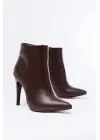 Kahverengi Yüksek İnce Topuklu Fermuarlı Kadın Bot