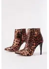 Leopar Yüksek İnce Topuklu Fermuarlı Kadın Bot