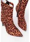 Leopar Yüksek İnce Topuklu Fermuarlı Kadın Bot
