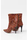 Leopar Yüksek İnce Topuklu Fermuarlı Kadın Bot