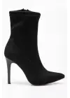 Siyah Süet Yüksek İnce Topuklu Fermuarlı Kadın Bot