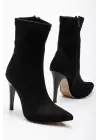 Siyah Süet Yüksek İnce Topuklu Fermuarlı Kadın Bot