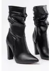 Siyah Yüksek Kalın Topuklu Körüklü Fermuarlı Kadın Bot