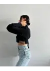 Yanı Kemer Detaylı Crop Gömlek Siyah S4009