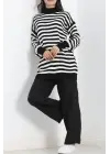 Yarım Balıkçı Yaka Çizgili Oversize Triko Kazak Siyahbeyaz