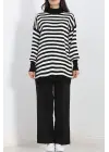 Yarım Balıkçı Yaka Çizgili Oversize Triko Kazak Siyahbeyaz