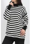 Yarım Balıkçı Yaka Çizgili Oversize Triko Kazak Siyahbeyaz