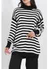 Yarım Balıkçı Yaka Çizgili Oversize Triko Kazak Siyahbeyaz