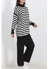 Yarım Balıkçı Yaka Çizgili Oversize Triko Kazak Siyahbeyaz