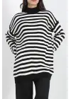 Yarım Balıkçı Yaka Çizgili Oversize Triko Kazak Siyahbeyaz