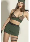 Yeşil Asker Temalı Fileli Fantazi Lingerie Takımı 5li Set
