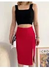 Yırtmaçlı Esnek Kumaş Midi Boy Etek Koyu Kırmızı