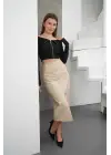 Yırtmaçlı Uzun Deri Etek Bej