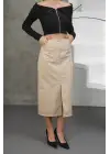 Yırtmaçlı Uzun Deri Etek Bej