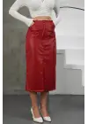 Yırtmaçlı Uzun Deri Etek Bordo