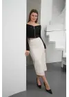 Yırtmaçlı Uzun Deri Etek Krem