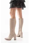 Bej Kroko Topuklu Kadın Çizme
