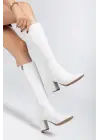 Ysn-4422 Beyaz Cilt Topuklu Kadın Çizme