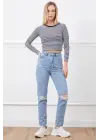 Yüksek Bel Yırtmaçlı Mom Jean Pantolon
