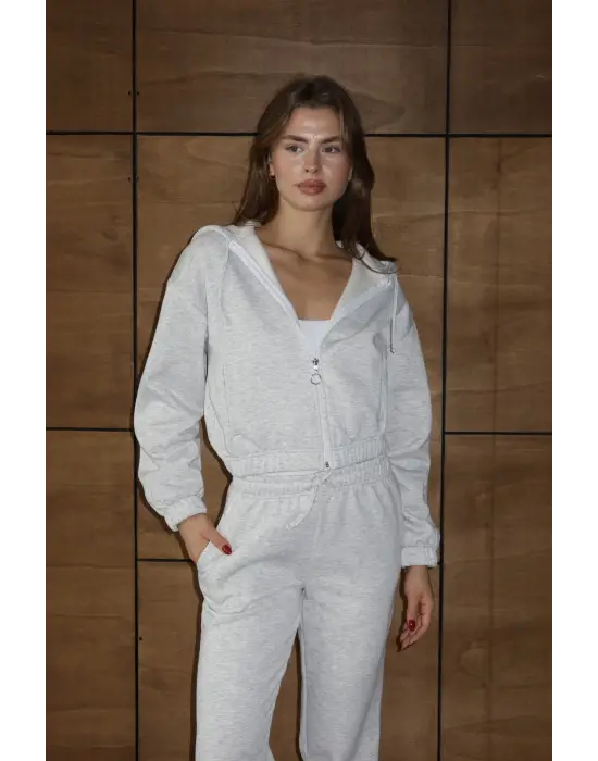 3 İplik Şardonlu Kapşonlu Fermuarlı Kısa Üst Gri Pat8590